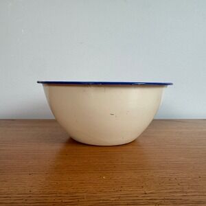 Vintage Enamel Mixing Bowl NEVCO 1765-8 Cream Blue Rim Kitchenware